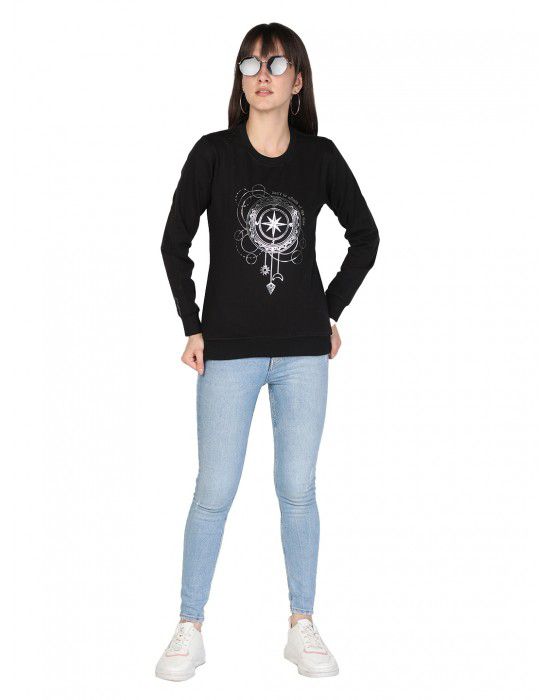 Women Cotton Blend Free Style Print Sweatshirt Black